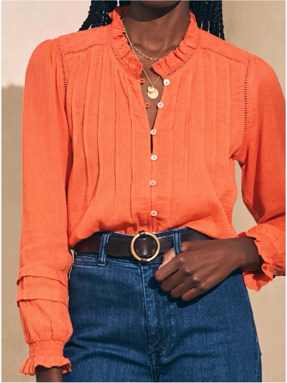 Faherty Coral-Red Button Front Ruffle Blouse - Picture 6 of 10